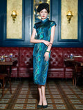 19 mome mulberry silk,  Mid length, High-end blue color Qipao