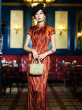 19 mome mulberry silk, fire pattern, High-end long Qipao with cap sleeves