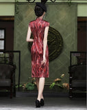 Floral pattern, 19 mome mulberry silk, mid-length Qipao with cap sleeves