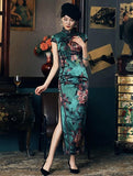 19 mome mulberry silk, floral pattern, High-end long Qipao dress